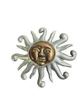Vintage Two-Tone Sun Face Brooch - Silver and Gold